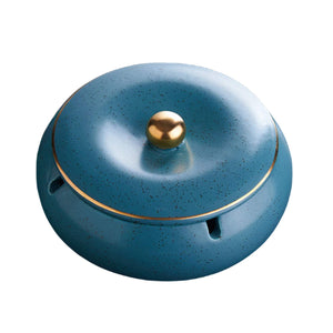 Outdoor Cute Covered Ashtray for patio with Lid Ceramic Handmade Blue