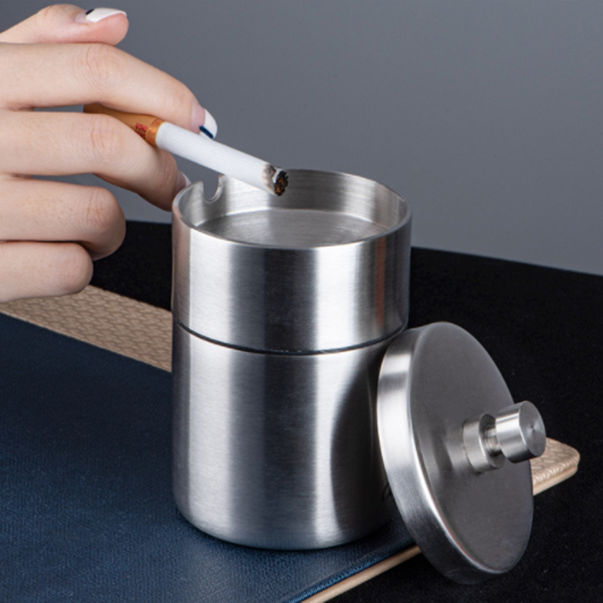 Car Ashtray with Lid Stainless Steel Silver / with Lid