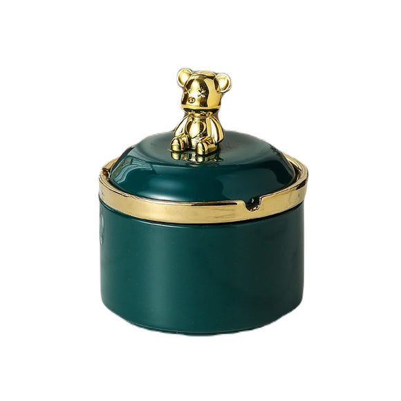 Cute Ceramic Ashtray with Lid Gold Bear Windproof Covered Lidded Ash Tray Smokeless Handmade Nordic green