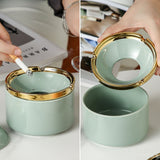 Cute Ceramic Ashtray with Lid Gold Bear Windproof Covered Lidded Ash Tray Smokeless Handmade Nordic light green