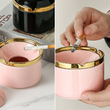 Cute Ceramic Ashtray with Lid Gold Bear Windproof Covered Lidded Ash Tray Smokeless Handmade Nordic pink