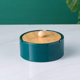 Green Ceramic Outdoor Ashtray with Bamboo Lid Covered Windproof