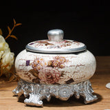 Ivory vintage floral ceramic ashtray with lid and silver decorative stand