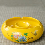 Yellow ceramic ashtray without lid, vintage floral ceramic ashtray with center holder