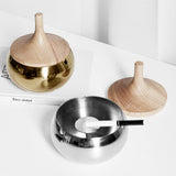 Metal Ashtray with Wooden Lid Stainless Steel Ash Tray Covered Windproof Smokeless Gold Silver