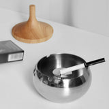 Metal Ashtray with Wooden Lid Stainless Steel Ash Tray Covered Windproof Smokeless Silver