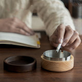 ashtray with lid wooden covered ash tray removable tray metal stainless steel rustless rustic windproof smokeless elegant minimalist