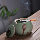 covered outdoor ashtray with lid for patio ceramic lotus carving green