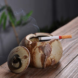 covered outdoor ashtray with lid for patio ceramic lotus carving brown
