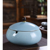 Outdoor Ashtray with Lid 4.7-inch (Cracked Ice Pattern) Ceramic Blue
