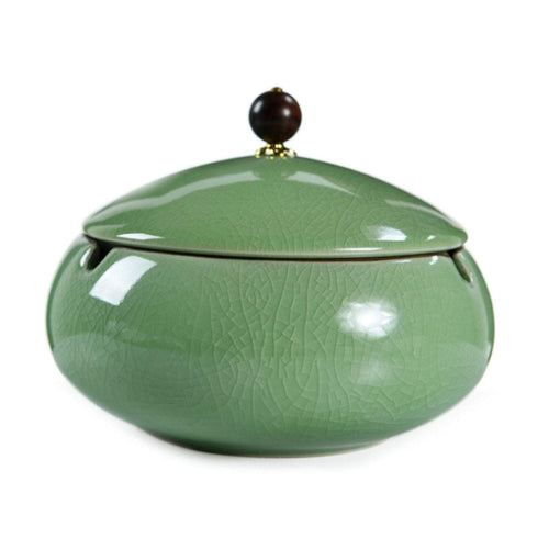 Outdoor Ashtray with Lid 4.7-inch (Cracked Ice Pattern) Ceramic Green