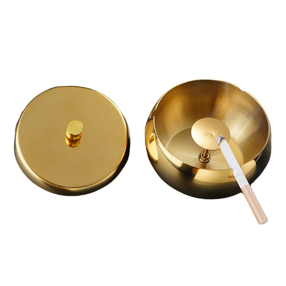stainless steel round covered ashtray with lid windproof gold