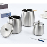 Silver stainless steel ashtrays with lids displayed in multiple sizes