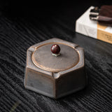 Vintage Ashtray with Lid Japanese style Ceramic Ash Tray Retro Brown Windproof Smokeless Covered Lidded Rustic