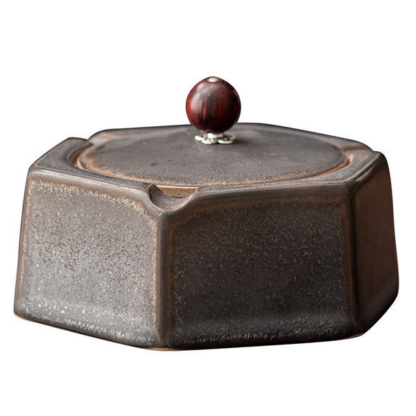 Japanese-Inspired Vintage Ceramic Ashtray with Lid – Hexagonal