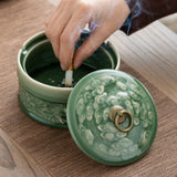 Vintage Ashtray with Lid for Outdoor Porch Ceramic Celadon ash tray pottery porcelain clay lidded covered windproof smokeless dragon phoenix lotus