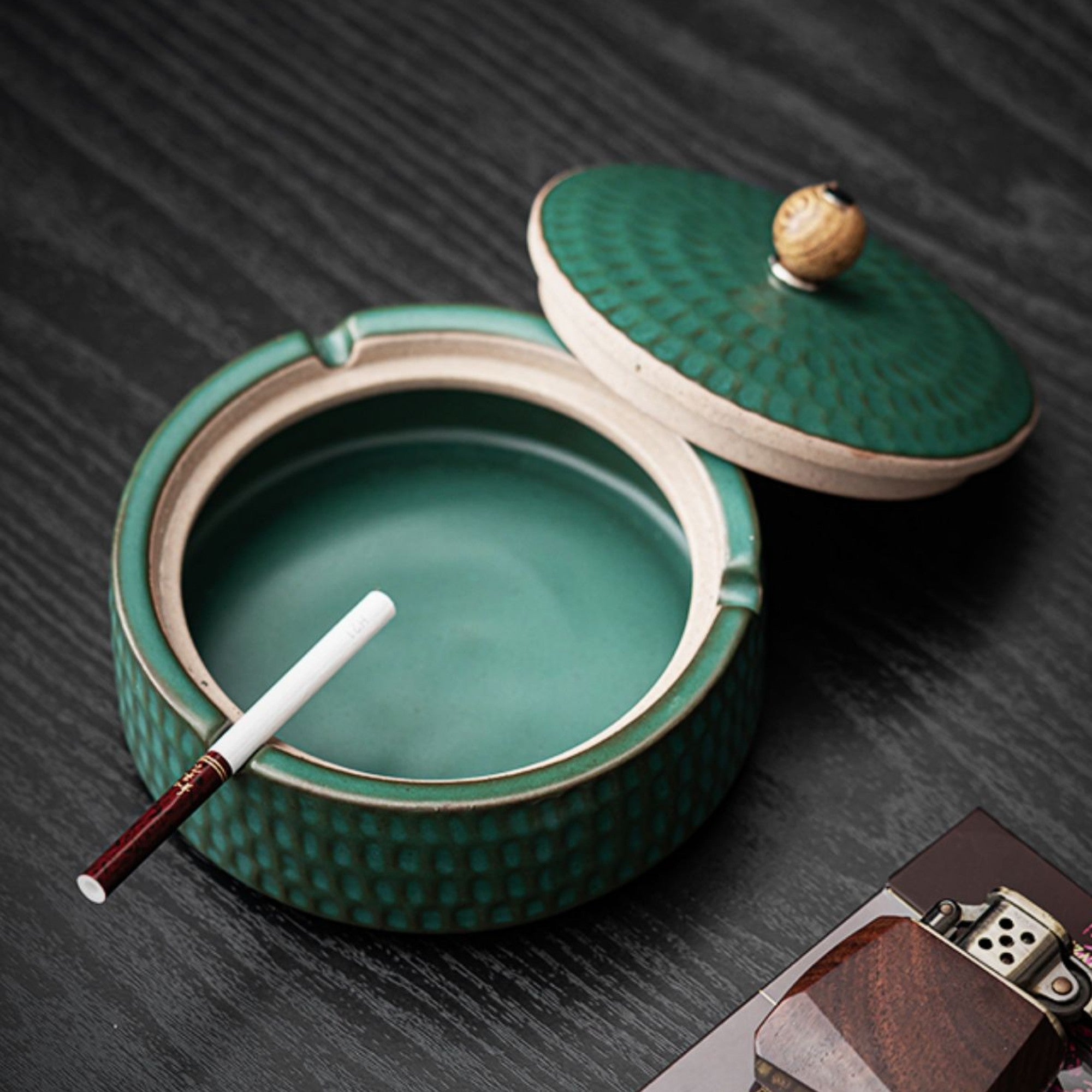 Vintage Ashtray with Lid for Outdoor Porch Ceramic Hammered