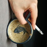 ceramic ashtray top view fish design cigarette holder groove