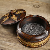 rustic outdoor ashtray with lid wooden ash tray bamboo weaving elephant carving windproof smokeless