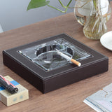 square transparent crystal glass ashtray with leather case black brown ash tray small large heavy outdoor