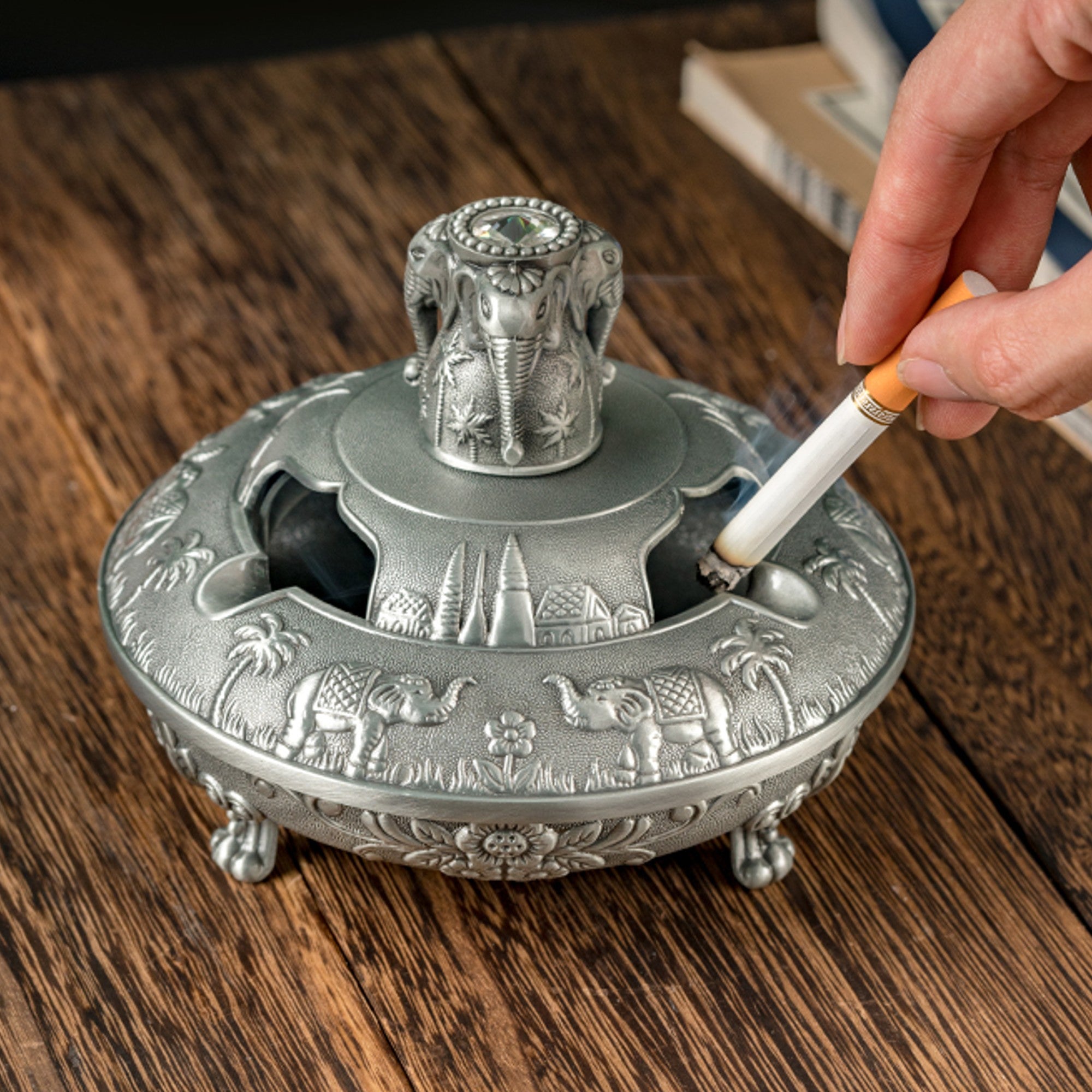 Vintage Ashtray with Lid Metal Elephant Silver